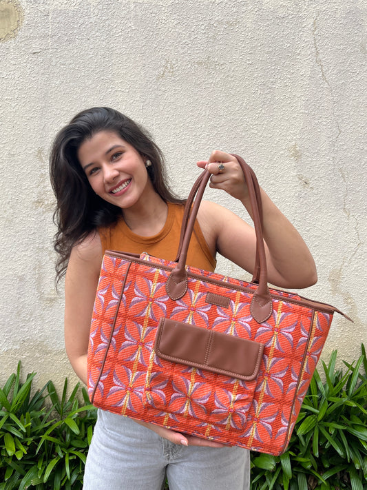 Vintage Petal Tote - Tangerine Bliss (with front pocket)