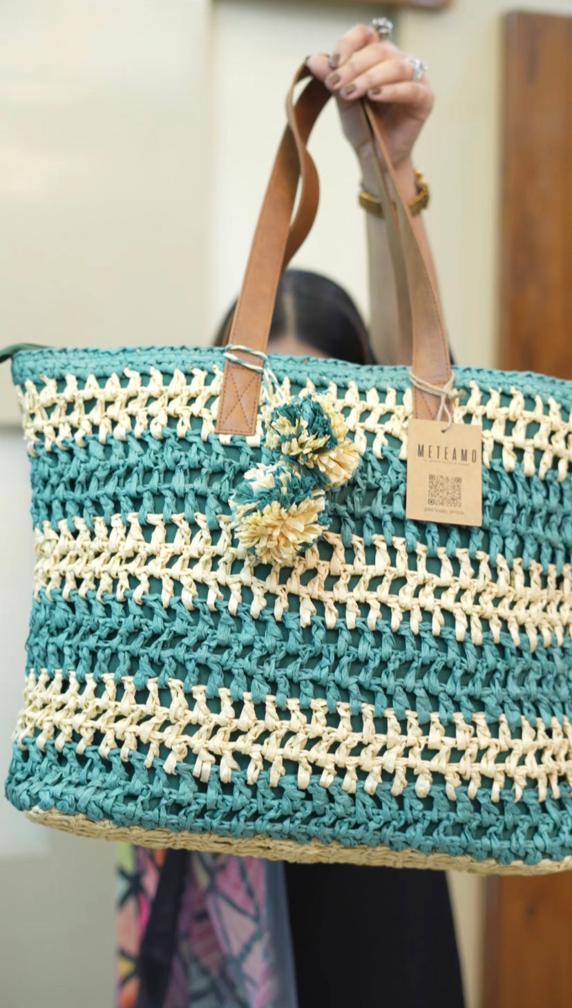 Afreen - Ivory and Teal Raffia Crochet Tote Bag