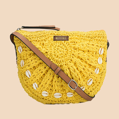 Qamaz - Raffia Sling Bag with Sea Shells - Yellow