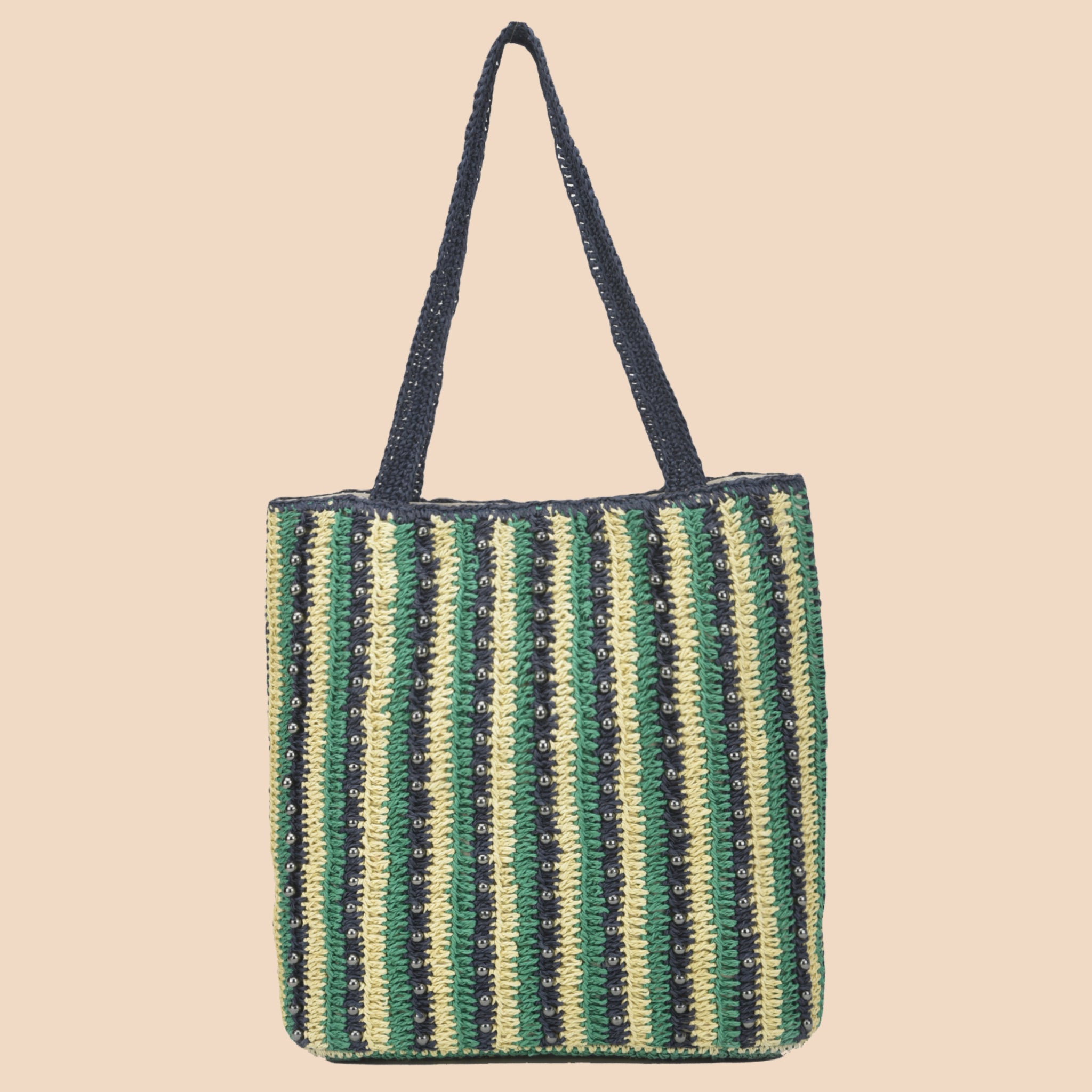 Qufi - Raffia Tote Bag with Gunmetal Beads