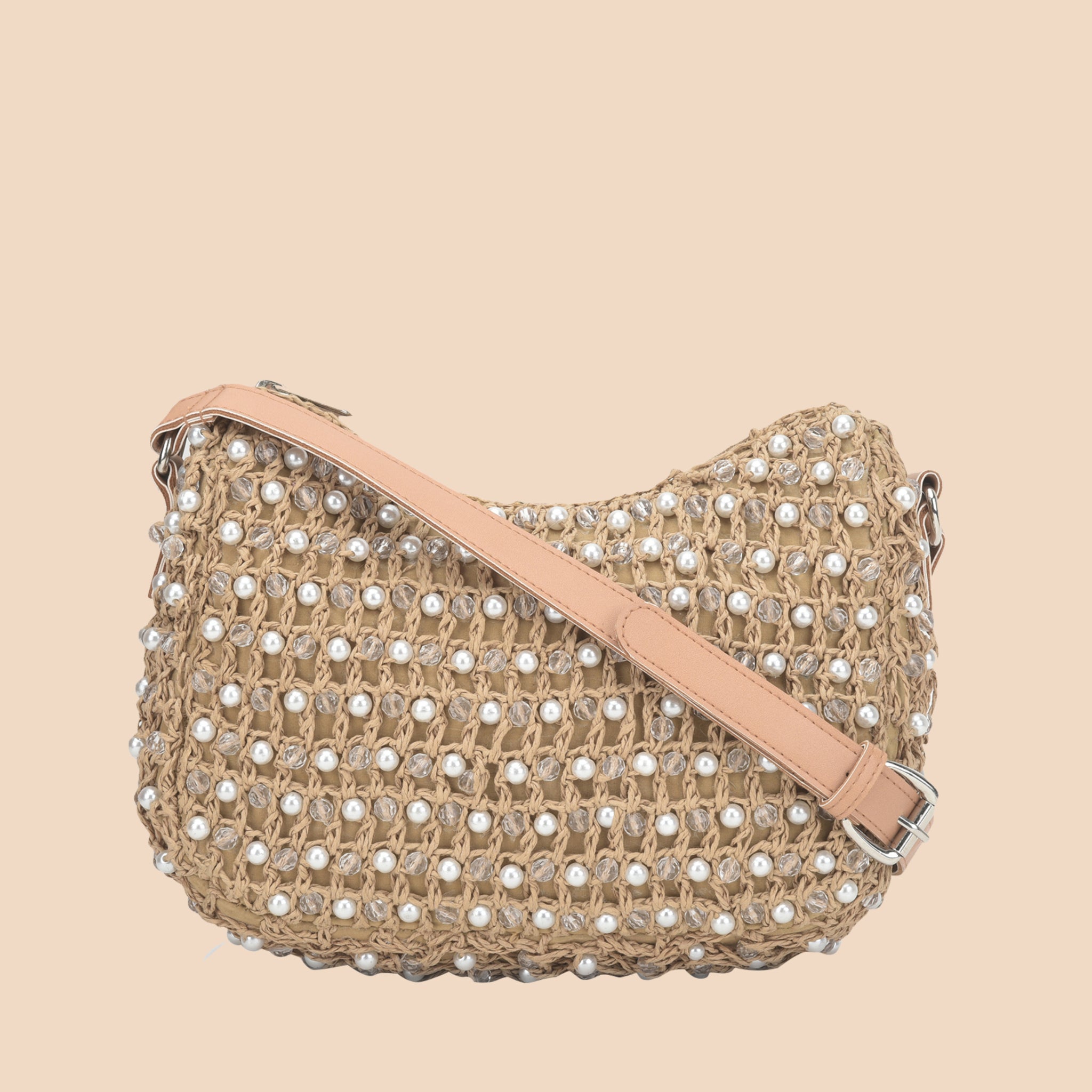 Faroon - Raffia & Crystal Beads Crossbody Bag