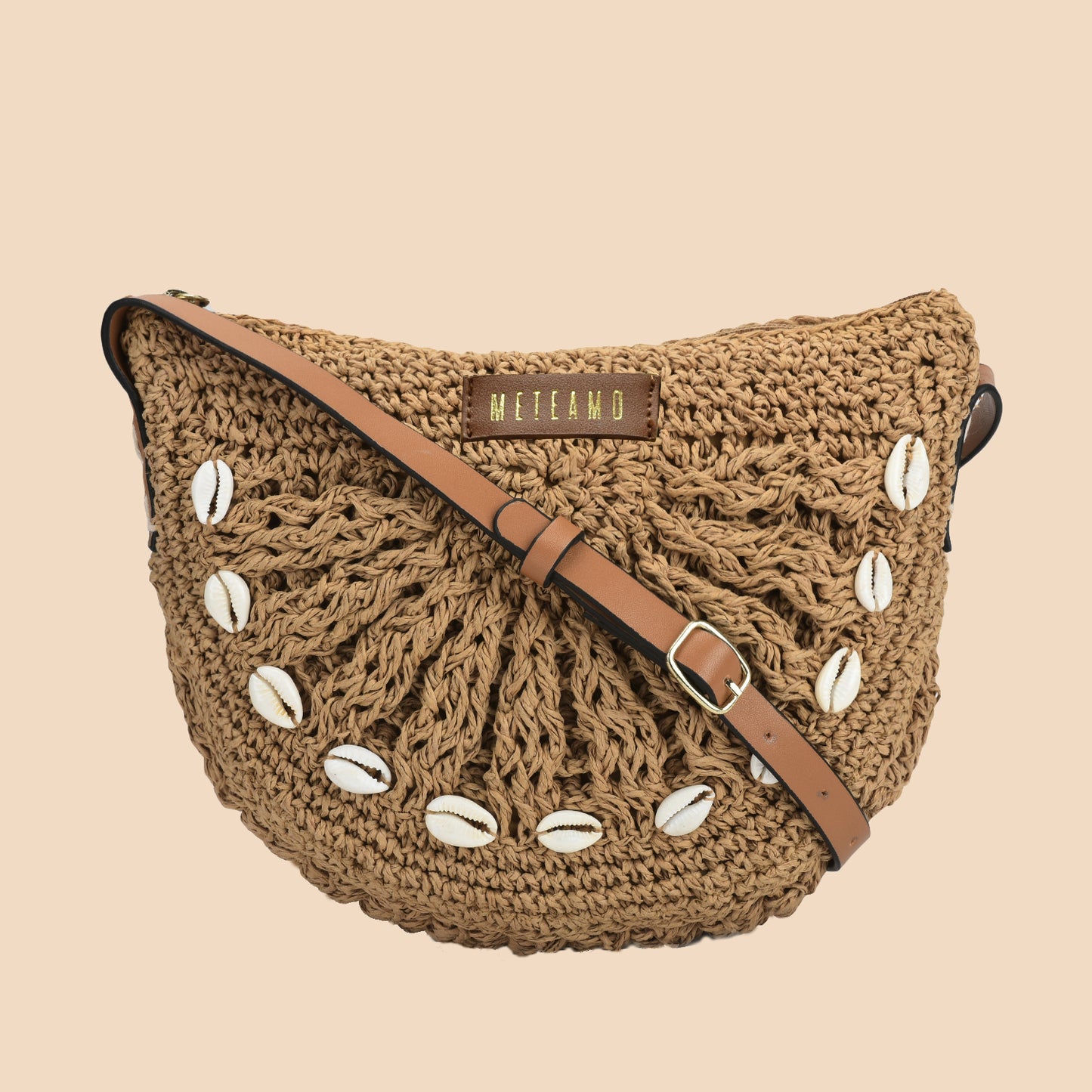 Qamaz -Raffia-Sling Bag with Sea Shells- Natural