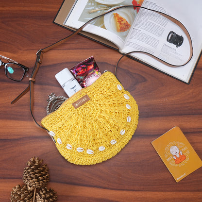 Qamaz - Raffia Sling Bag with Sea Shells - Yellow