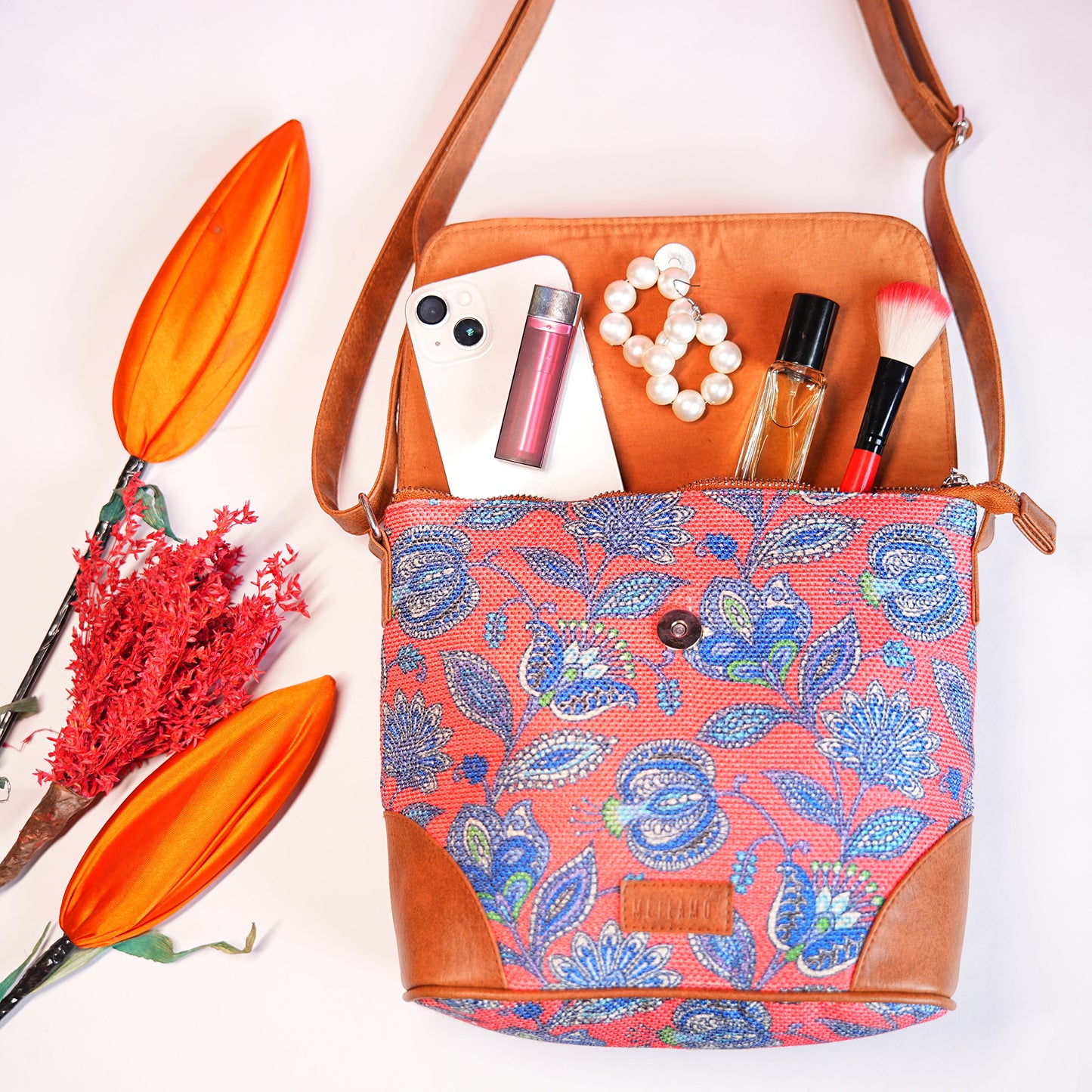 Sling Bag with Flap - Blue & White Flowers (BOGO)