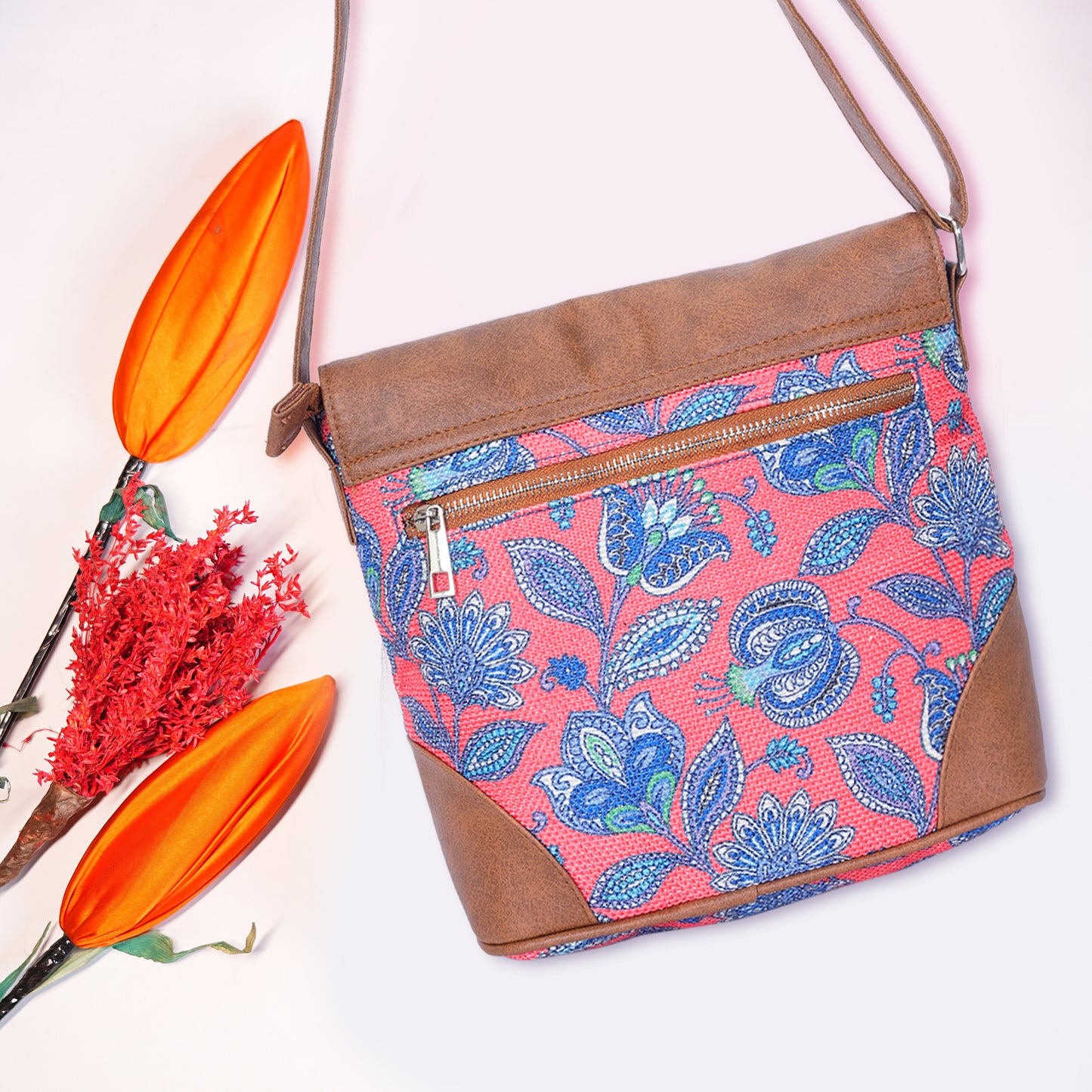 Sling Bag with Flap - Blue & White Flowers (BOGO)