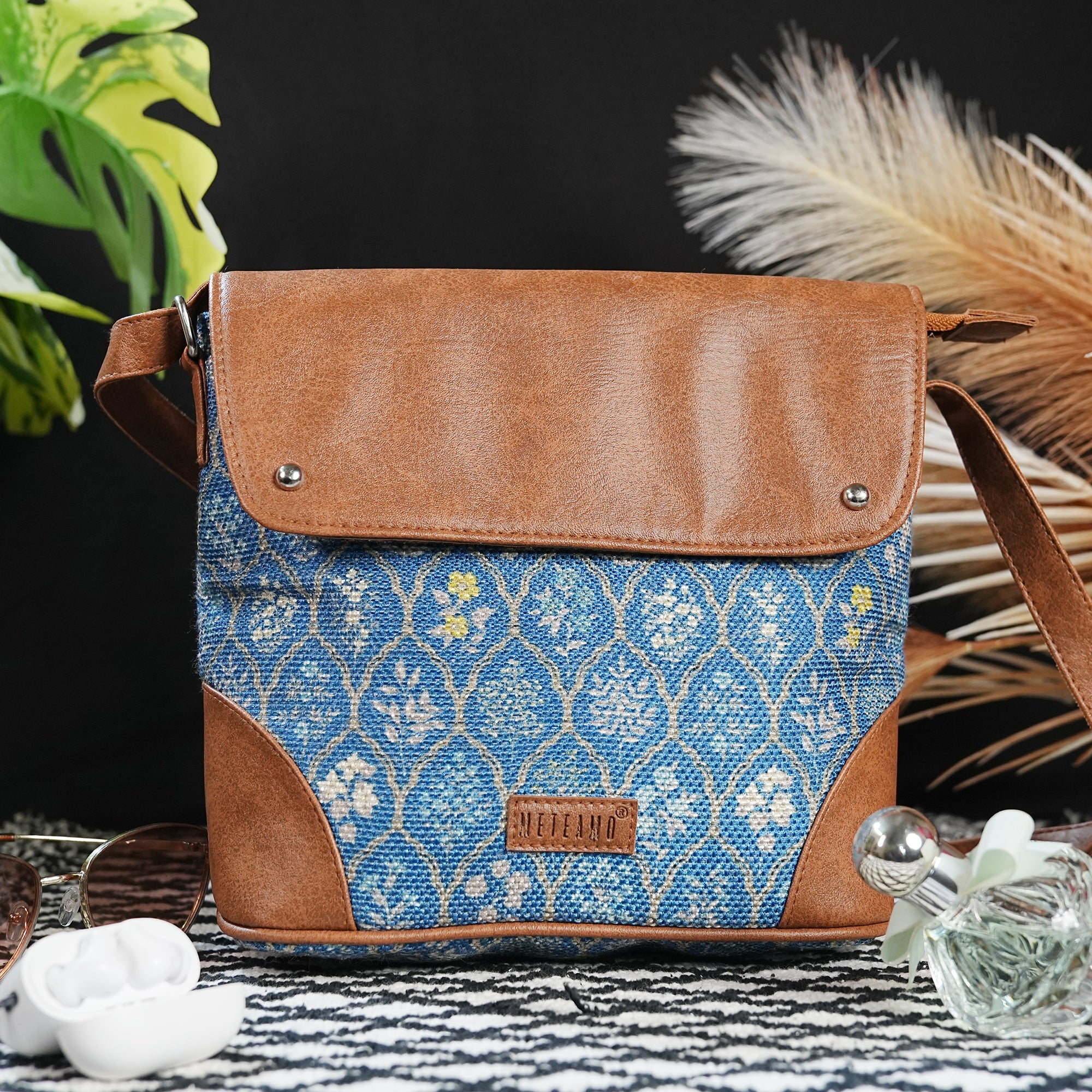 Sling Bag with Flap - Blue Flowers