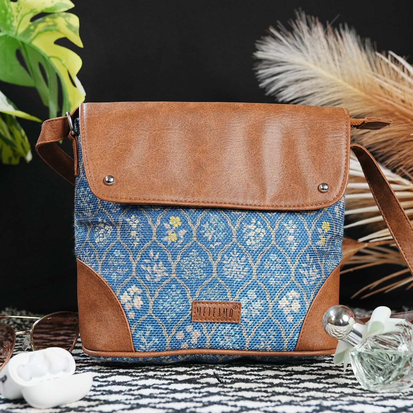 Sling Bag with Flap - Blue Flowers (BOGO)