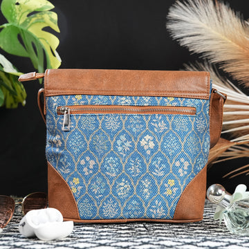 Sling Bag with Flap - Blue Flowers