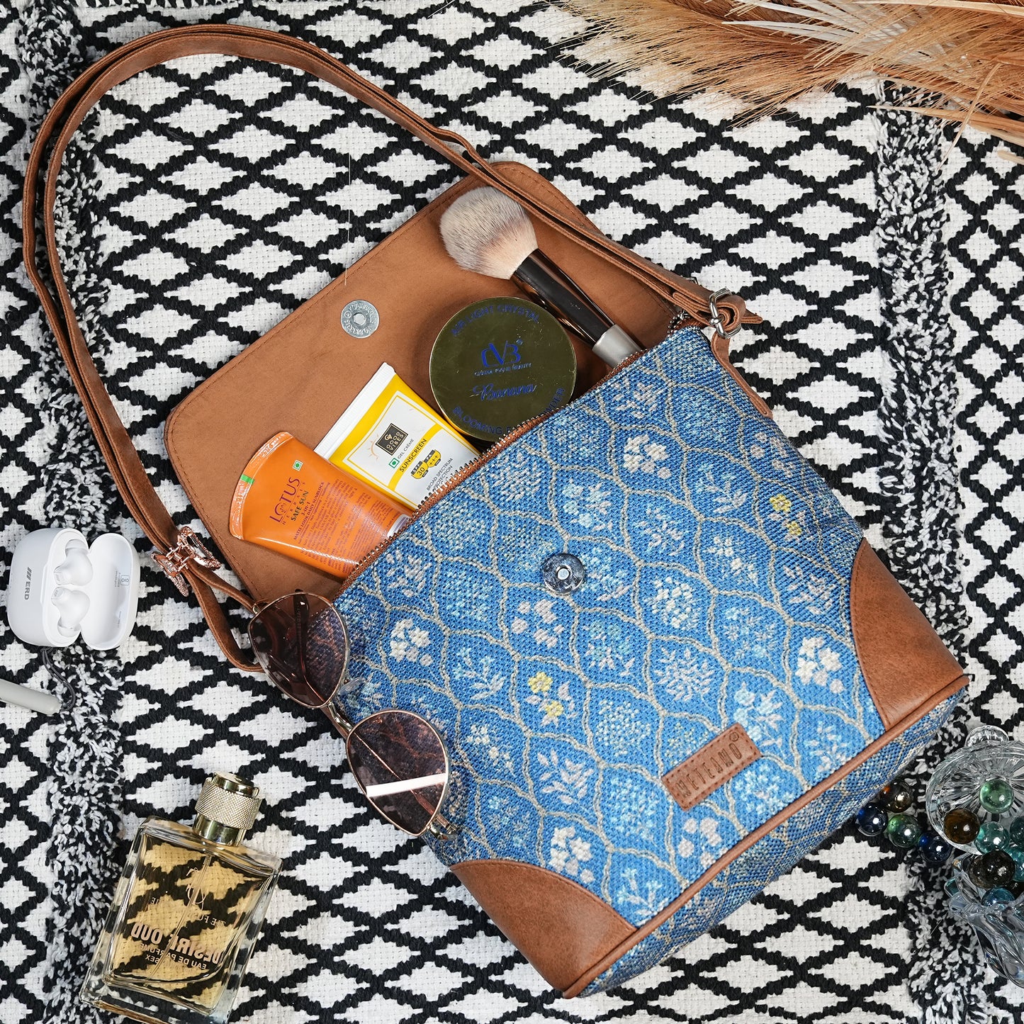 Sling Bag with Flap - Blue Flowers (BOGO)