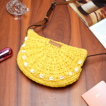 Qamaz - Raffia Sling Bag with Sea Shells - Yellow