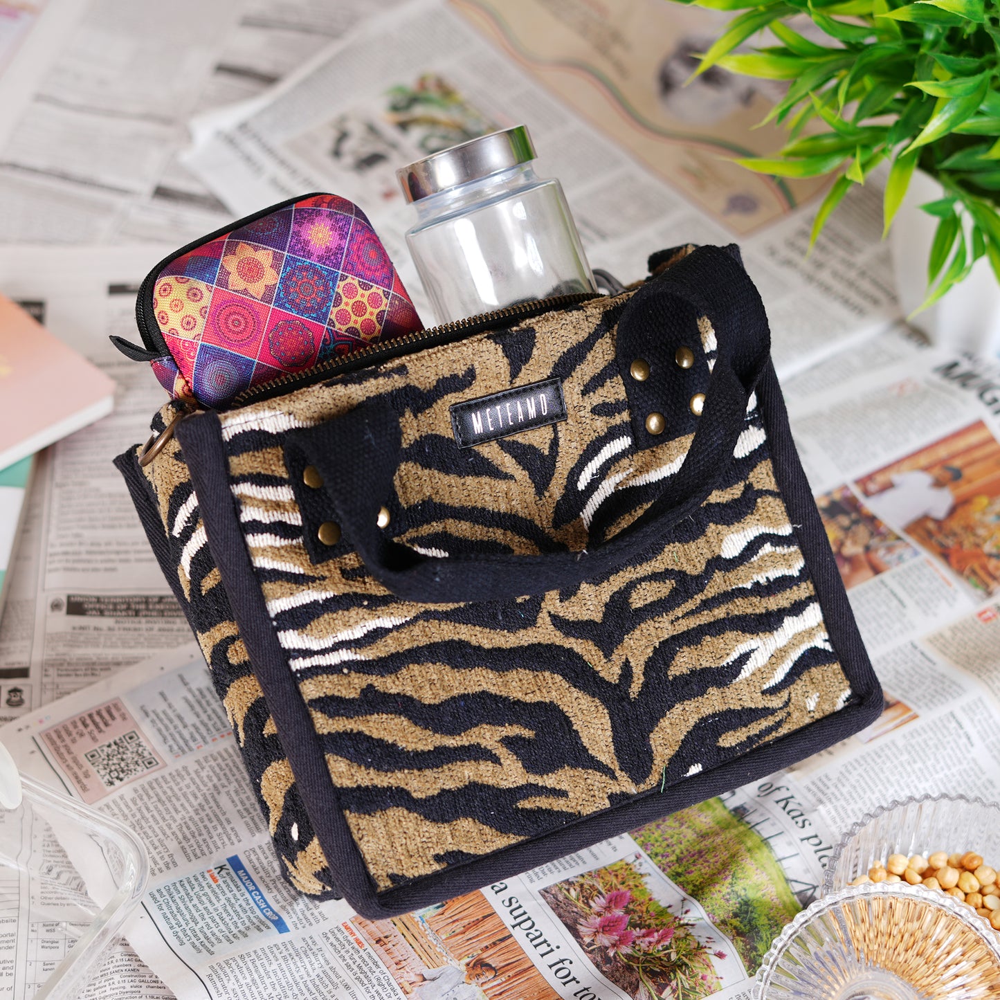 Anileo - Brown & Black Jacquard Box Bag - Small