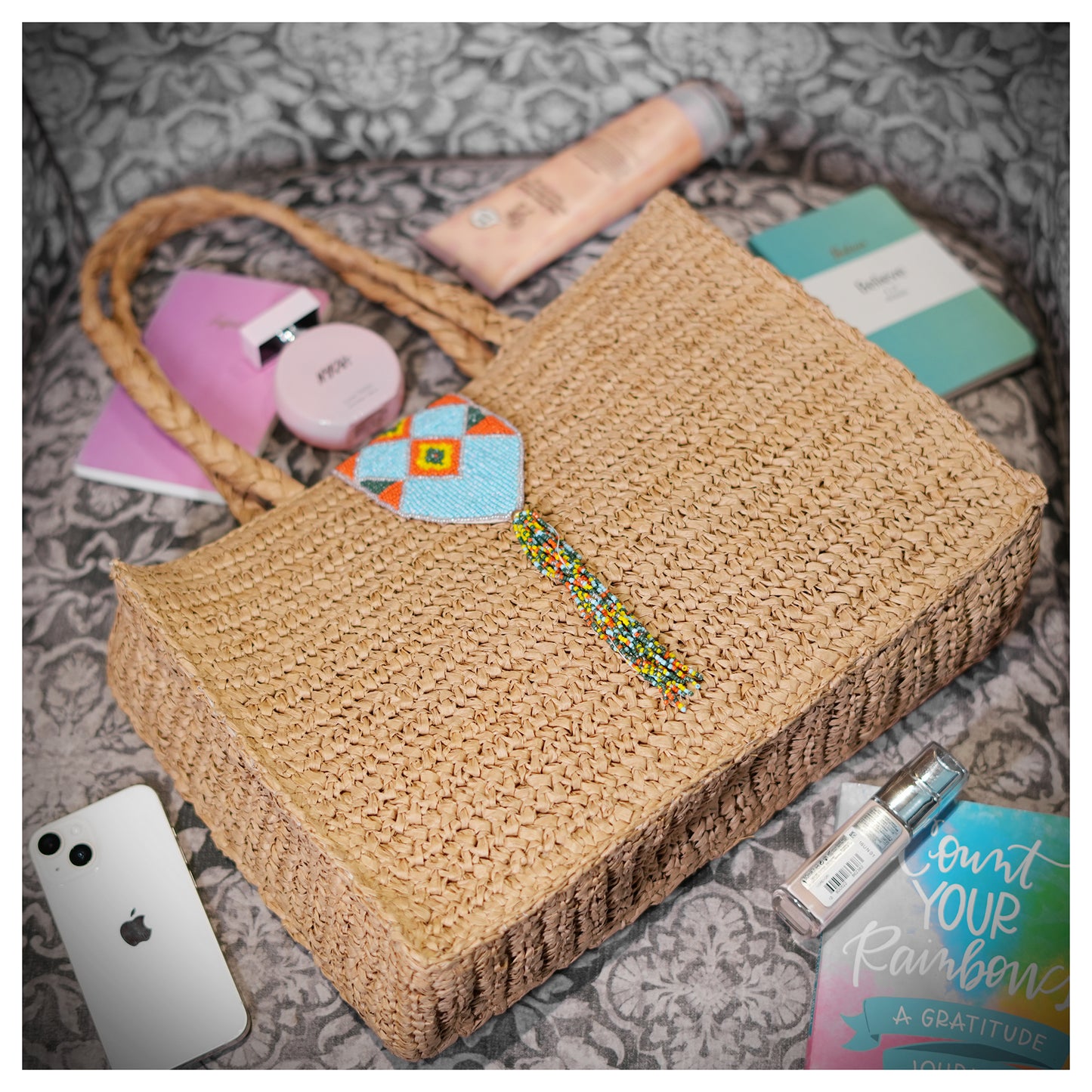 Daalin - Raffia Box Bag with Beaded Decorative Flap