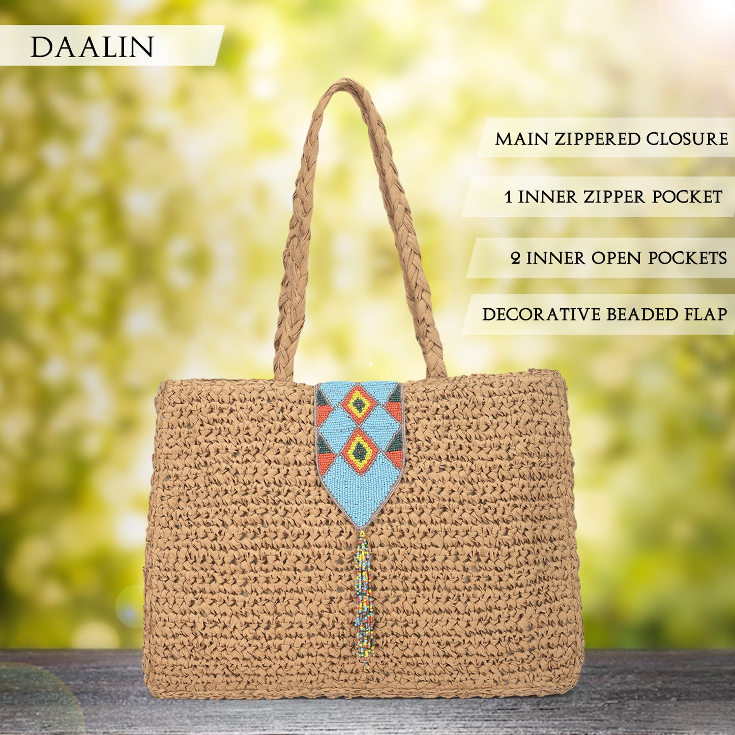 Daalin - Raffia Box Bag with Beaded Decorative Flap