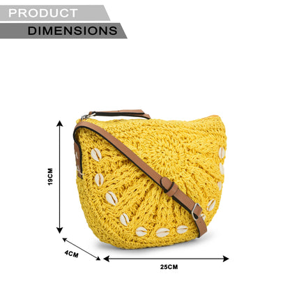 Qamaz - Raffia Sling Bag with Sea Shells - Yellow