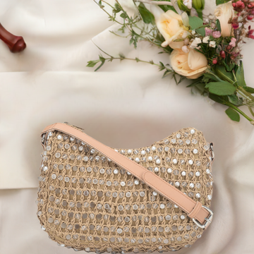 Faroon - Raffia & Crystal Beads Crossbody Bag