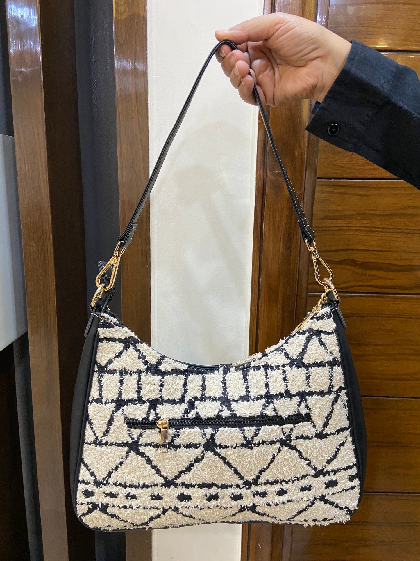 Crescent Baguette - Monochrome Tribal - Everyday Shoulder Bag