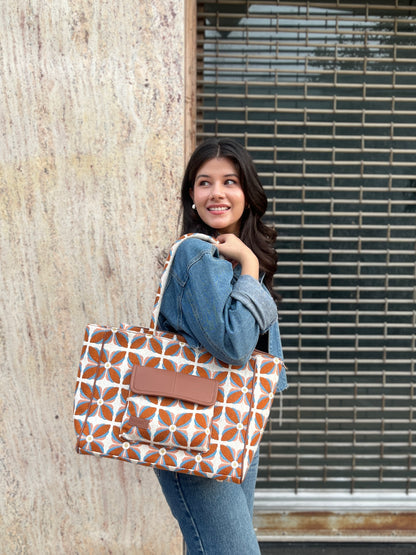 Vintage Petal Tote - Burnt Orange (with front pocket)