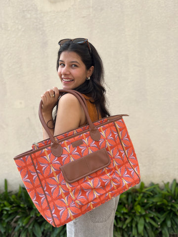 Vintage Petal Tote - Tangerine Bliss (with front pocket)