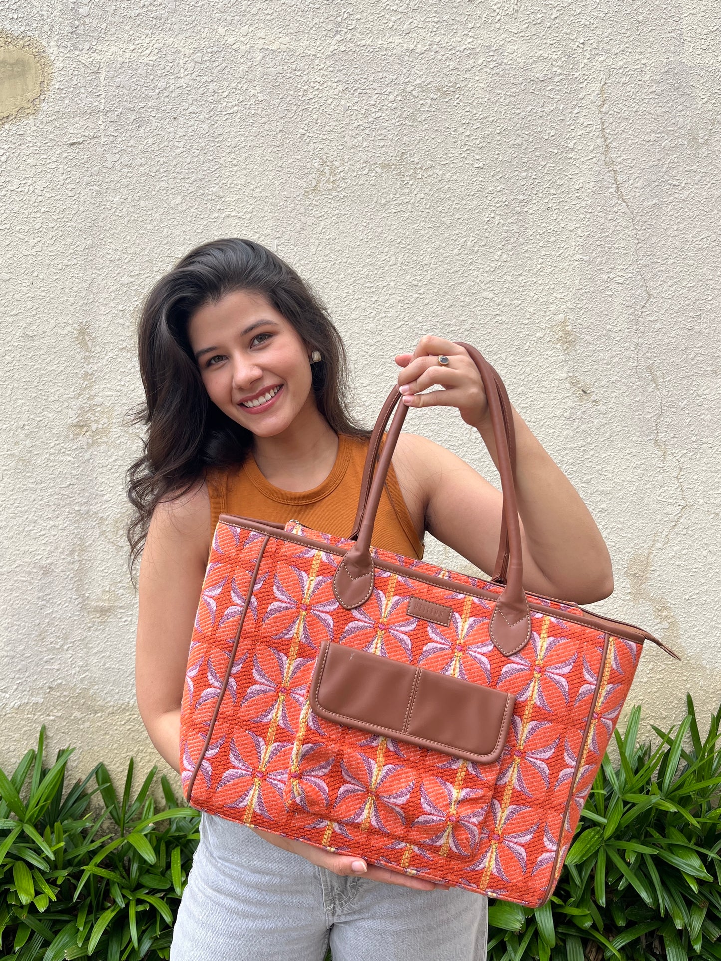Vintage Petal Tote - Tangerine Bliss (with front pocket)
