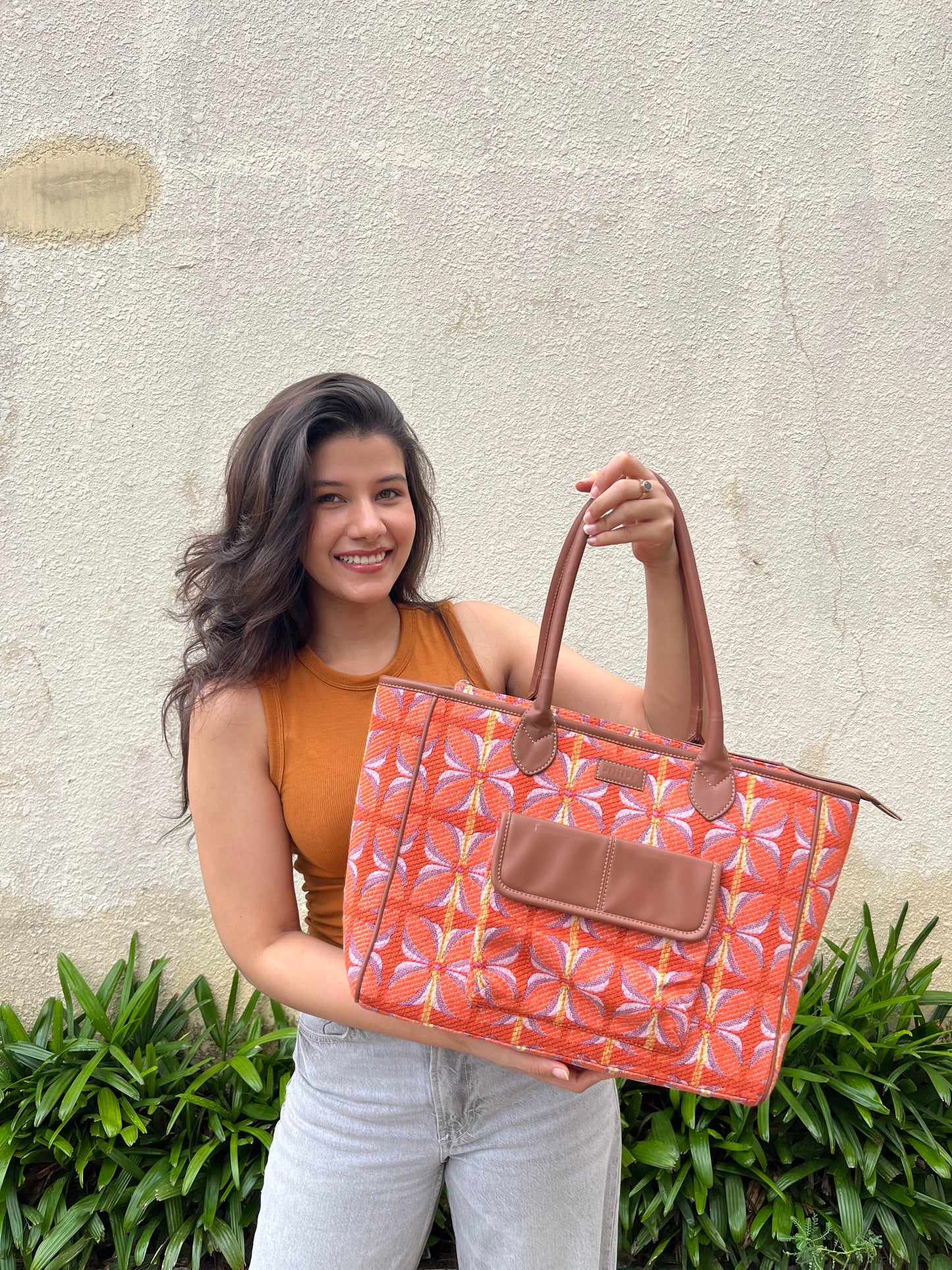 Vintage Petal Tote - Tangerine Bliss (with front pocket)