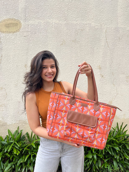 Vintage Petal Tote - Tangerine Bliss (with front pocket)