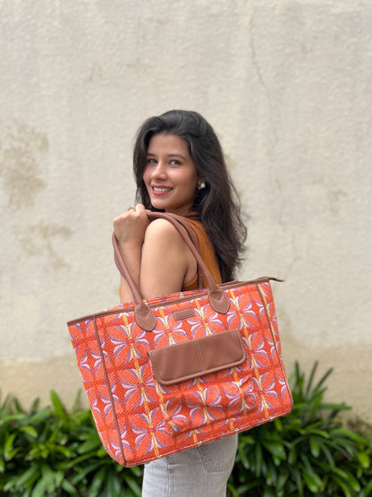 Vintage Petal Tote - Tangerine Bliss (with front pocket)