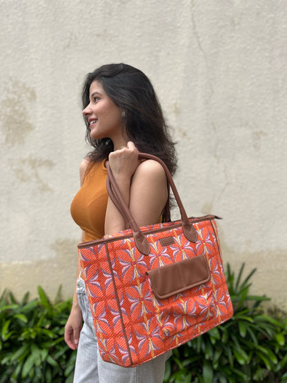 Vintage Petal Tote - Tangerine Bliss (with front pocket)