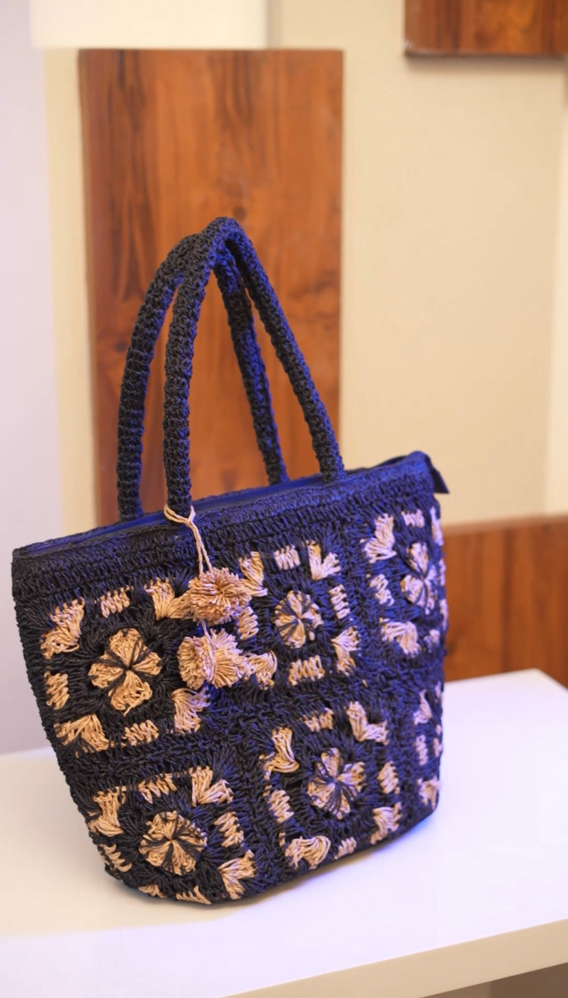 Afsana - Black & Natural Raffia Crochet Tote Bag
