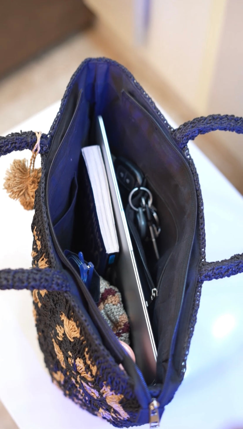 Afsana - Black & Natural Raffia Crochet Tote Bag