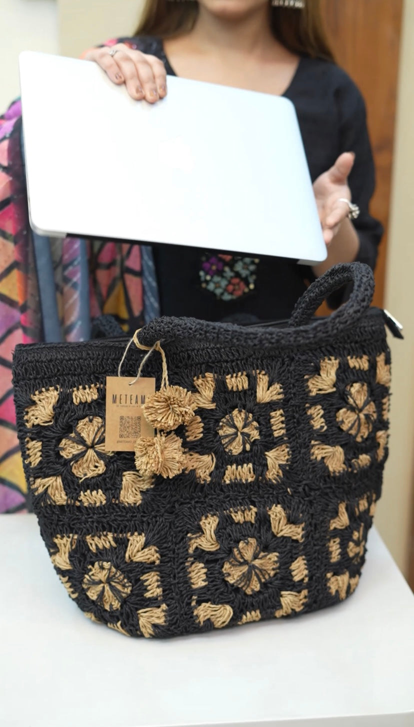 Afsana - Black & Natural Raffia Crochet Tote Bag