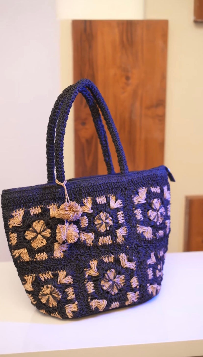 Afsana - Black & Natural Raffia Crochet Tote Bag