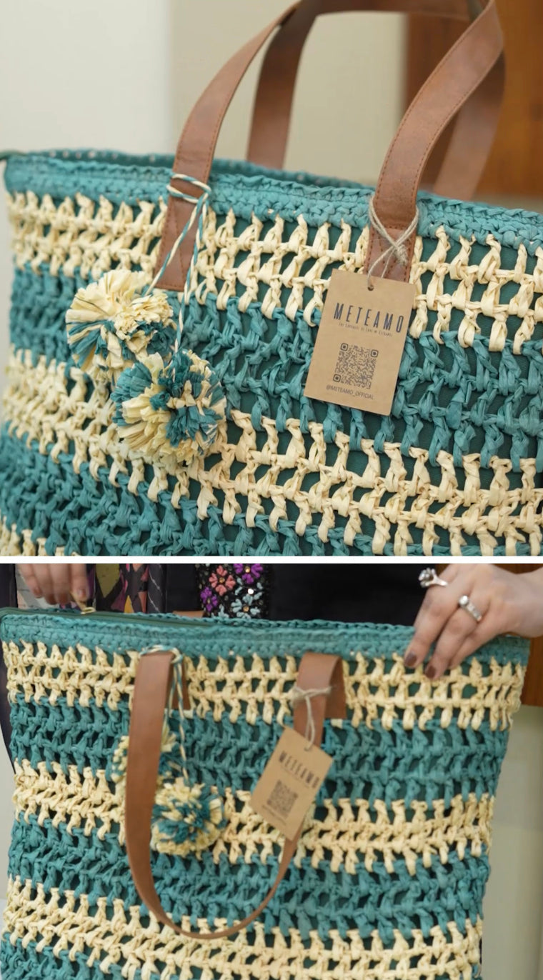 Afreen - Ivory and Teal Raffia Crochet Tote Bag
