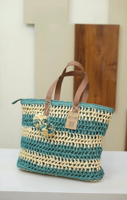 Afreen - Ivory and Teal Raffia Crochet Tote Bag