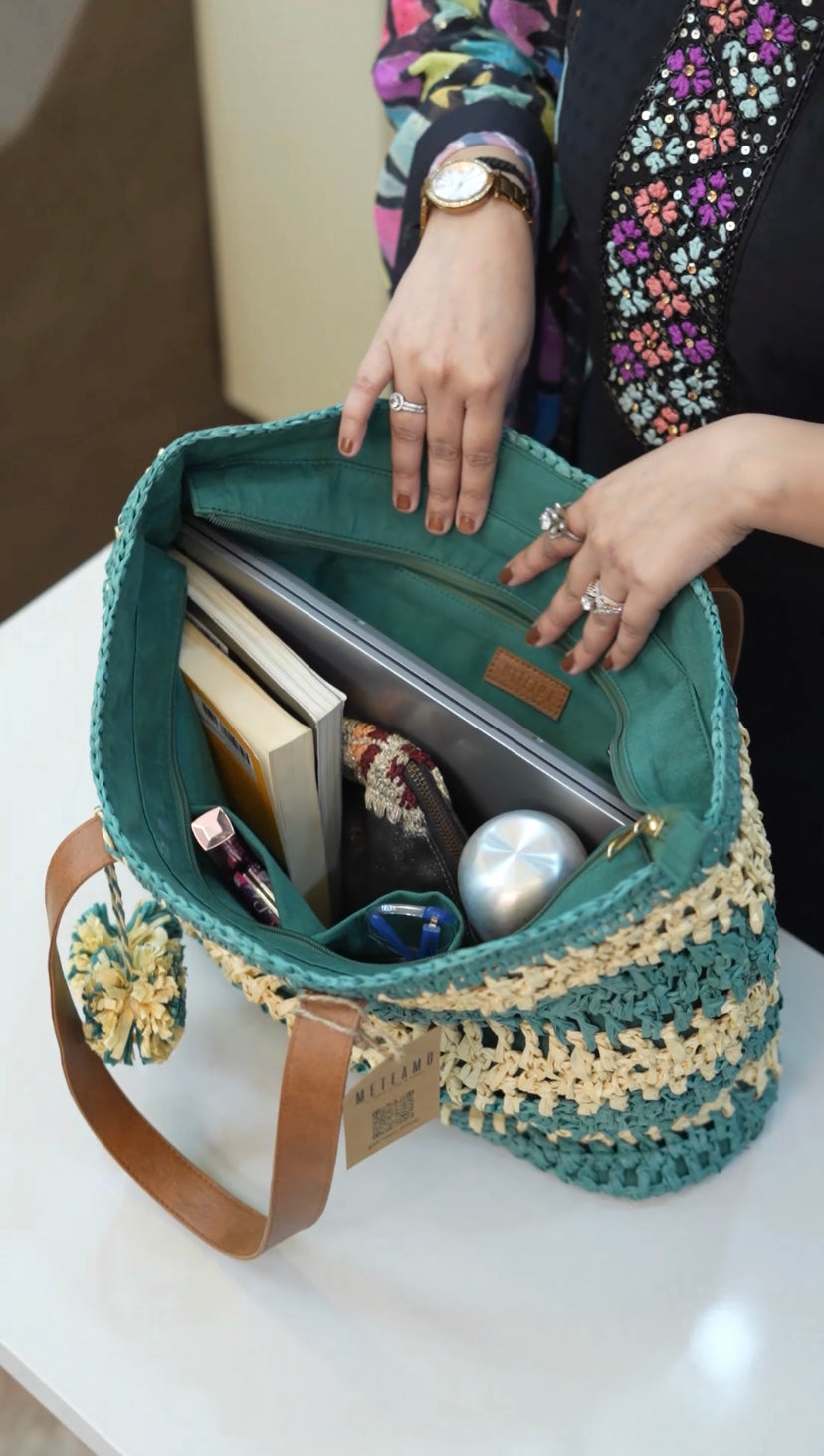 Afreen - Ivory and Teal Raffia Crochet Tote Bag