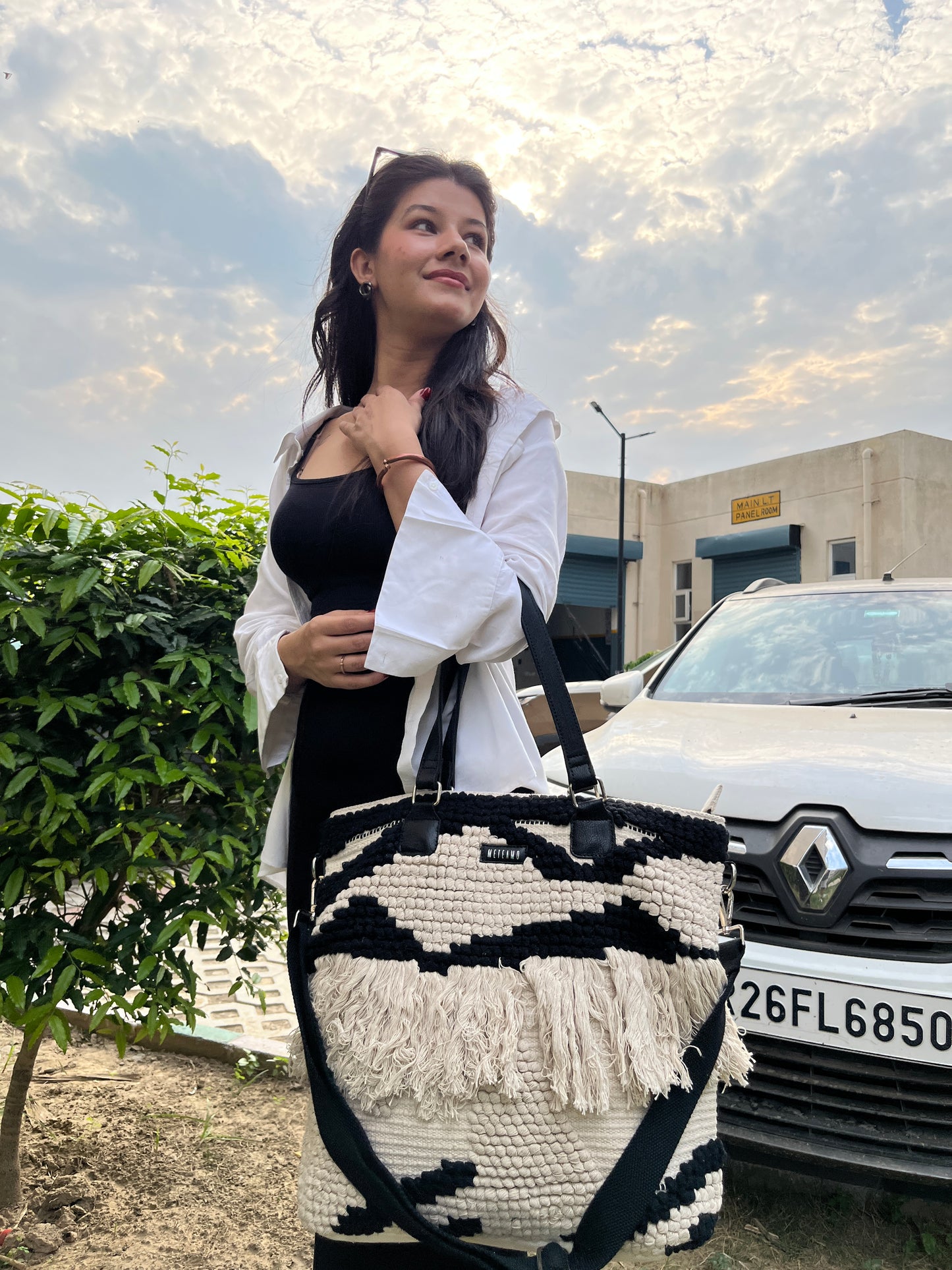 Onyx Tote Bag with Handloom Design