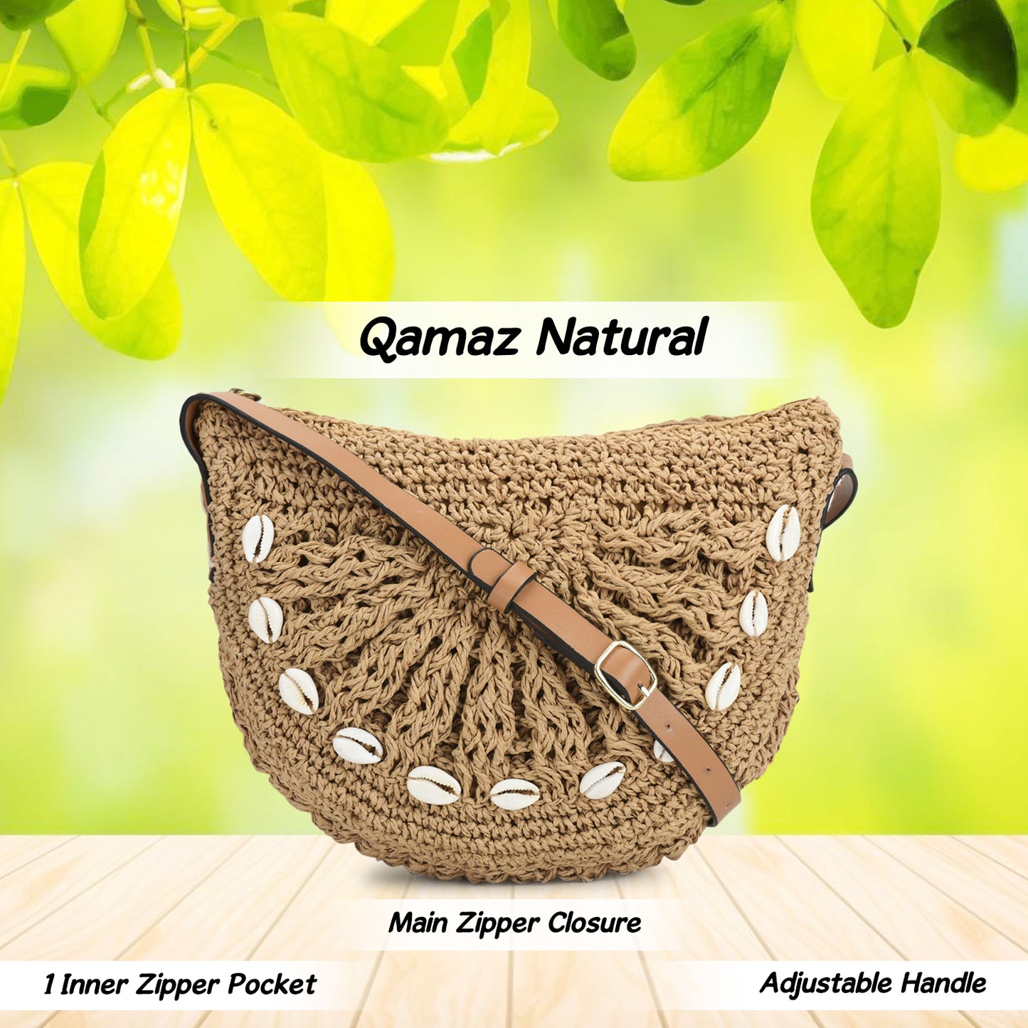 Qamaz -Raffia-Sling Bag with Sea Shells- Natural