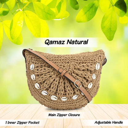 Qamaz -Raffia-Sling Bag with Sea Shells- Natural