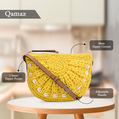 Qamaz - Raffia Sling Bag with Sea Shells - Yellow