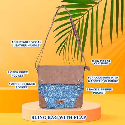 Sling Bag with Flap - Blue Flowers (BOGO)