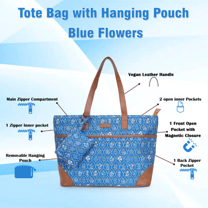 Blue Flowers - Tote Bag with Mini Pouch