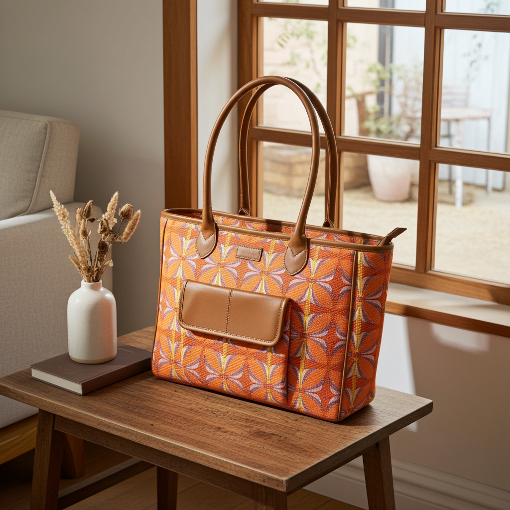 Vintage Petal Office Tote - Tangerine Bliss (with front pocket)