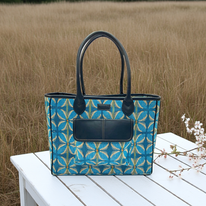 Vintage Petal Tote - Blue (with front pocket)