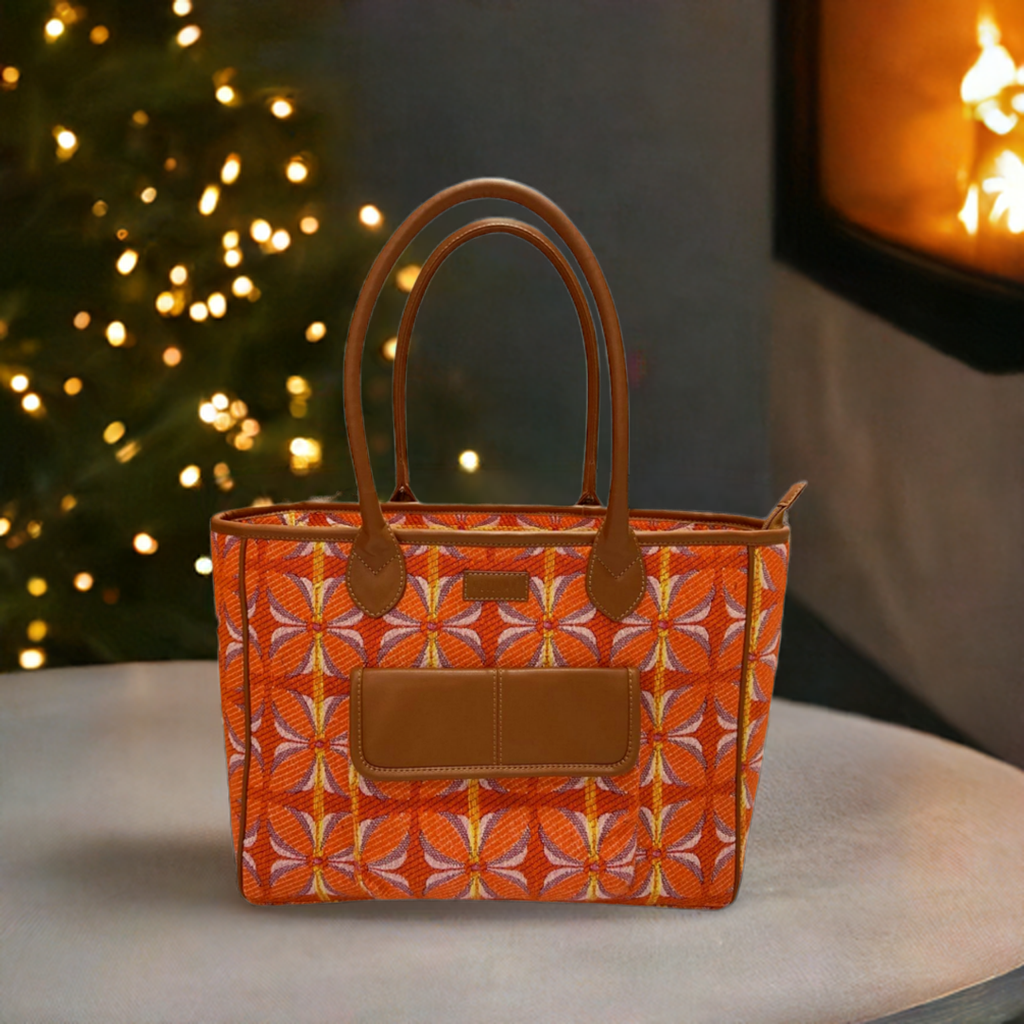 Vintage Petal Tote - Tangerine Bliss (with front pocket)