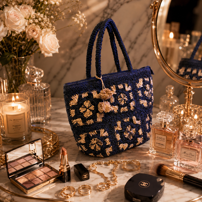 Afsana - Black & Natural Raffia Crochet Tote Bag