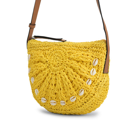 Qamaz - Raffia Sling Bag with Sea Shells - Yellow