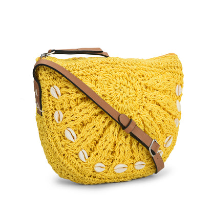 Qamaz - Raffia Sling Bag with Sea Shells - Yellow
