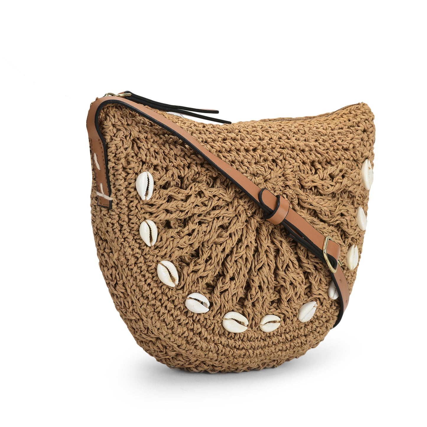 Qamaz -Raffia-Sling Bag with Sea Shells- Natural