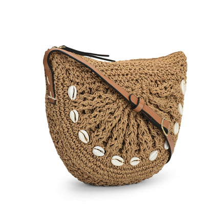 Qamaz -Raffia-Sling Bag with Sea Shells- Natural